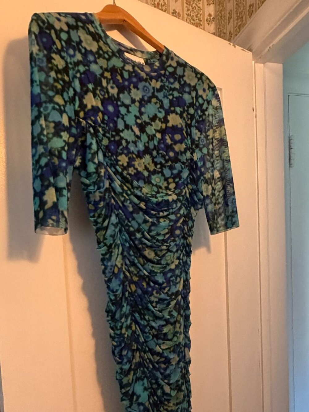 GANNI floral blue mesh lined midi dress